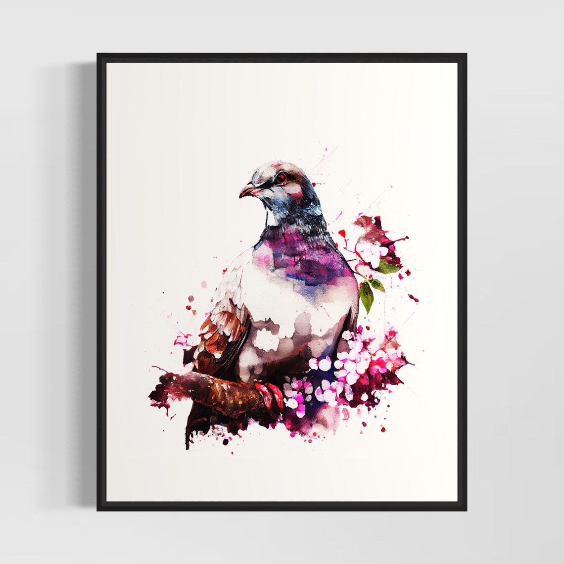 Graceful Pigeon Perched on Flowering Branches Watercolor Bird Poster
