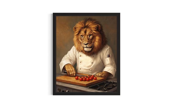 Lion Animal Chef Poster Art Print Kitchen Wall Original Painting Artwork Decor
