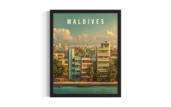 Maldives Colorful Waterfront City Island Travel Vintage Poster