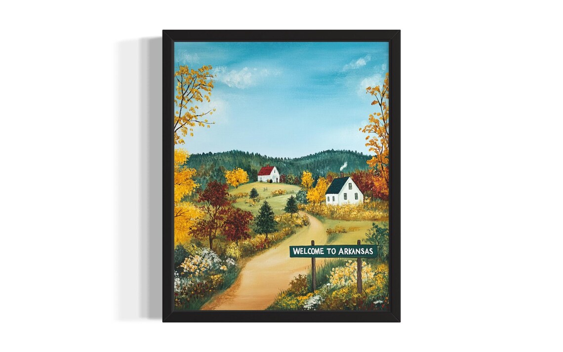 Welcome to Arkansas Autumn Countryside Village Naive Folk Art Poster