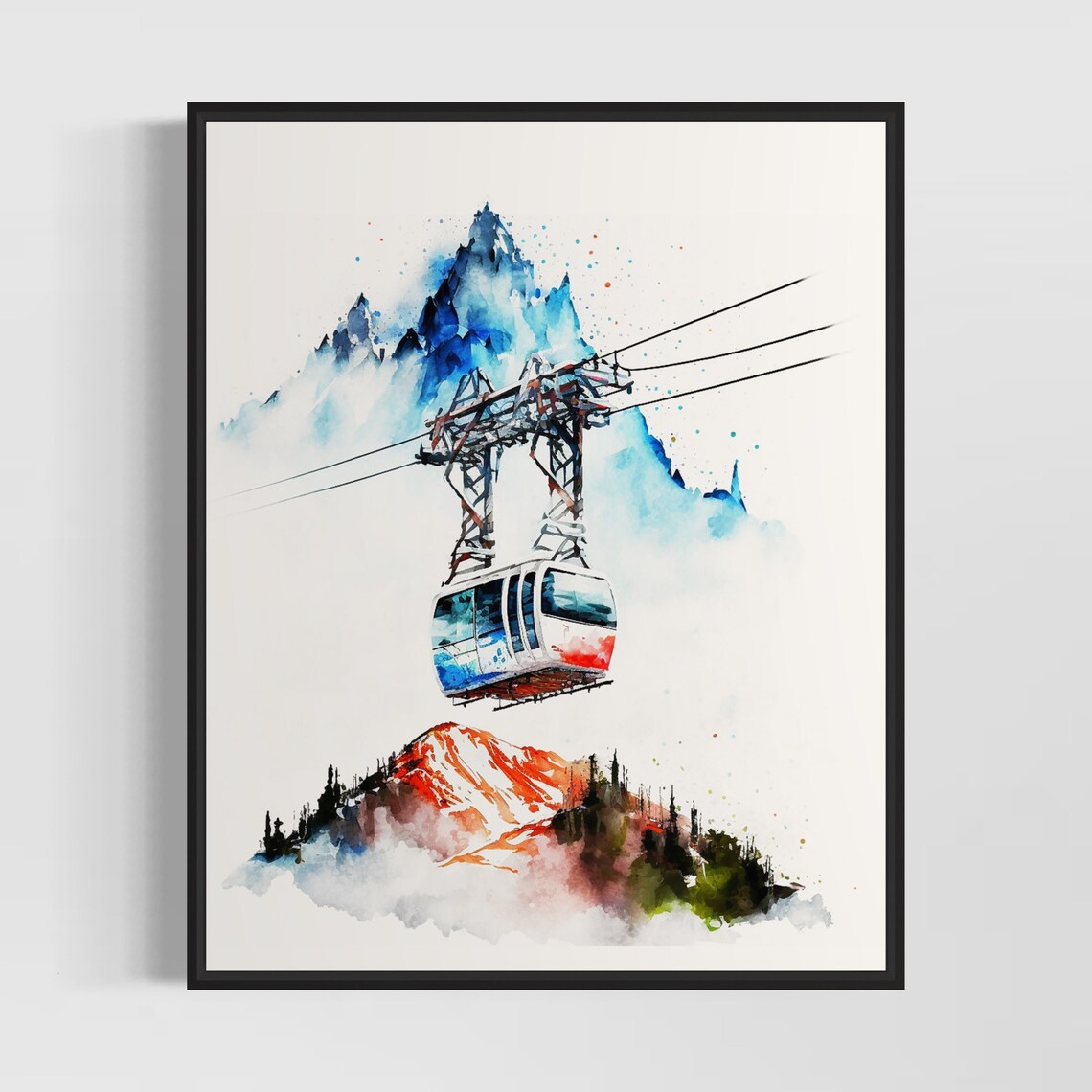 Cable Car Ski Lift Against Snowy Mountains Watercolor Poster