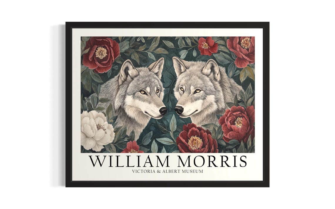 Gray Wolf William Morris Animals Poster Art Print Living Room Wall Original Painting Artwork Decor