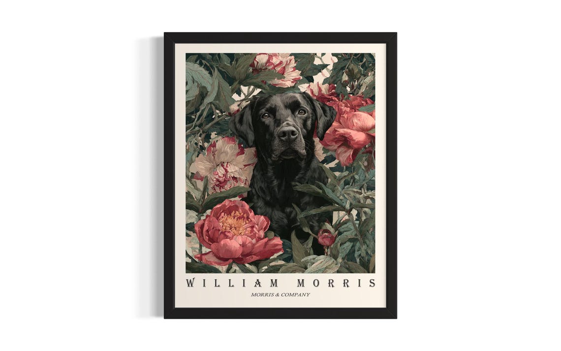 Labrador Retriever William Morris Peony Floral Dog Portrait Poster