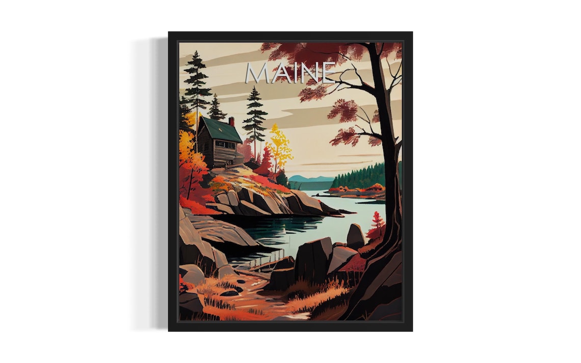 Maine Lakeside Cabin on Rocky Shore Autumn Fall Scene Poster Art
