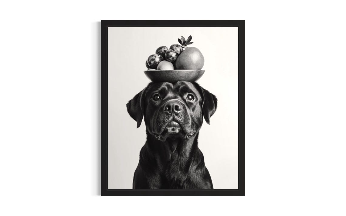 Rottweiler Balancing Fruit Bowl Black And White Dog Portrait Poster