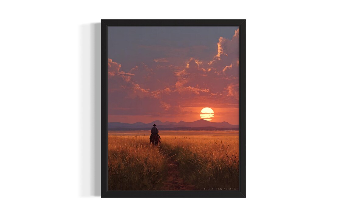 Lone Cowboy Riding Into Prairie Sunset Golden Sky Oil Painting Poster