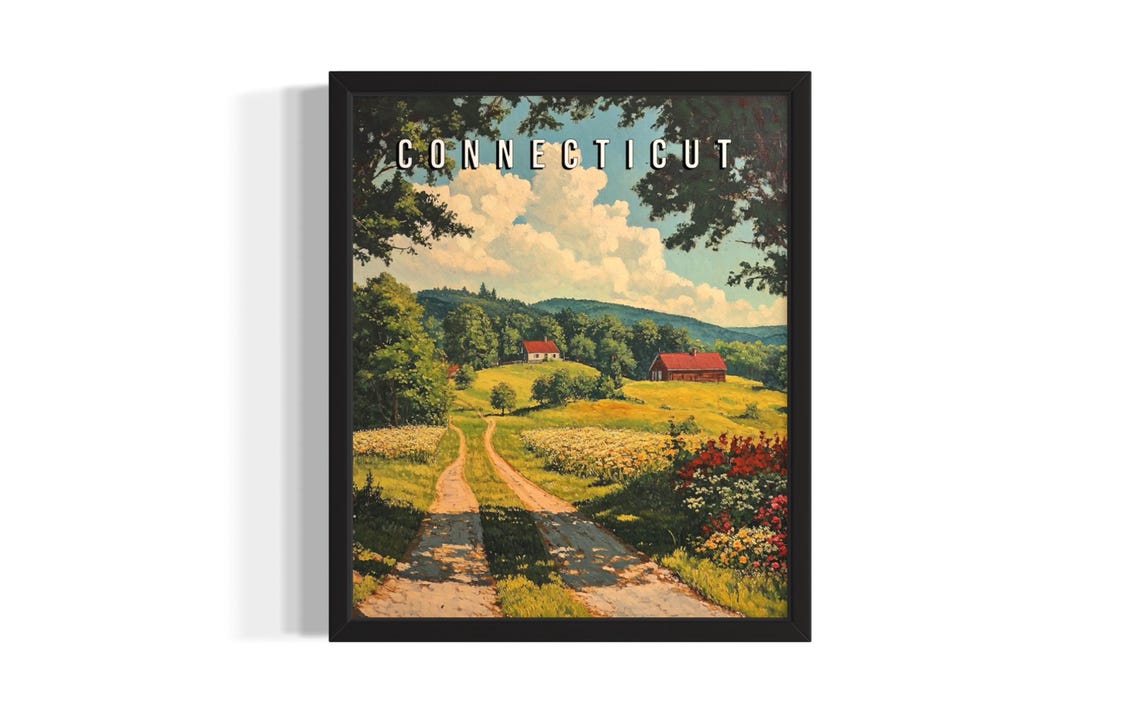 Connecticut Spring Road Red Barns Blossom Meadow Vintage Poster