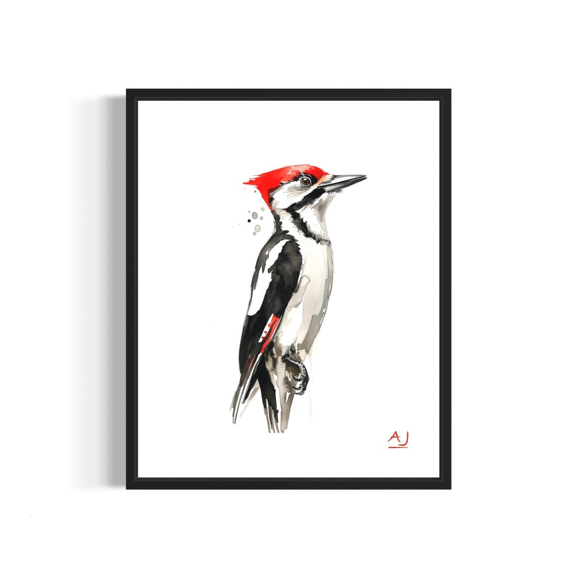 Great Spotted Woodpecker with Red Crown Watercolor Art Poster