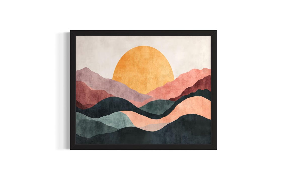 Boho Sun Over Layered Mountains Terracotta Abstract Art Poster
