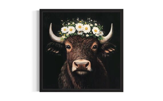 Baby Water Buffalo Daisy Crown Portrait on Black Background Poster