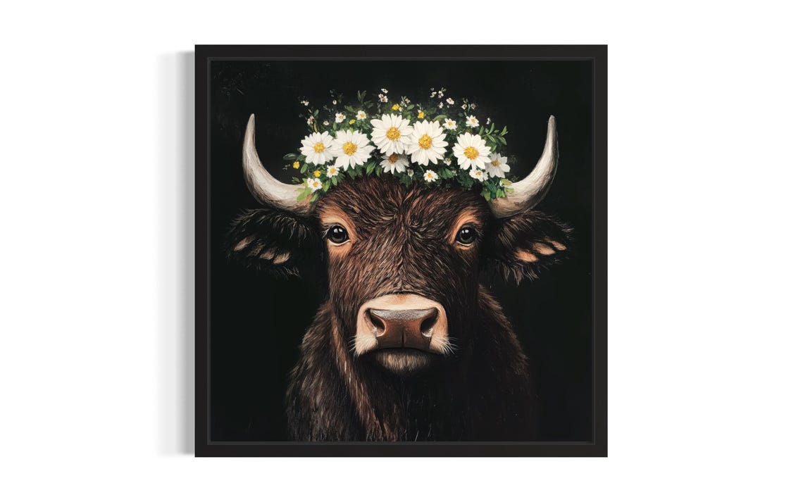 Baby Water Buffalo Daisy Crown Portrait on Black Background Poster