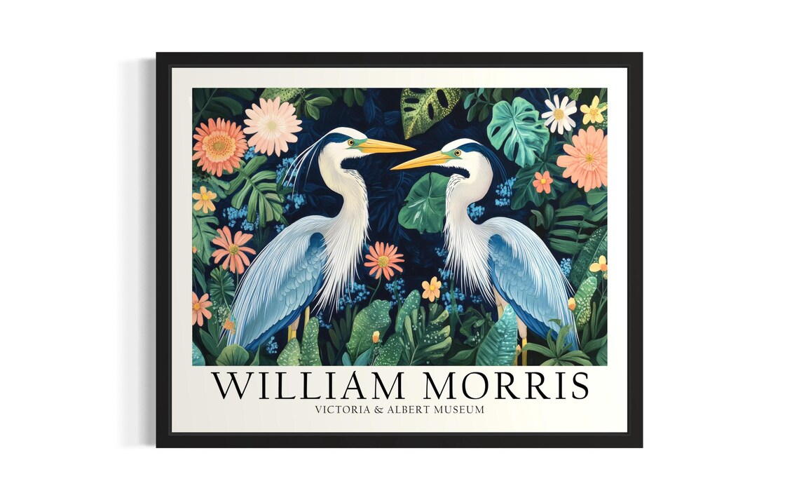William Morris Blue Heron Pair With Tropical Blooms Exotic Art Poster