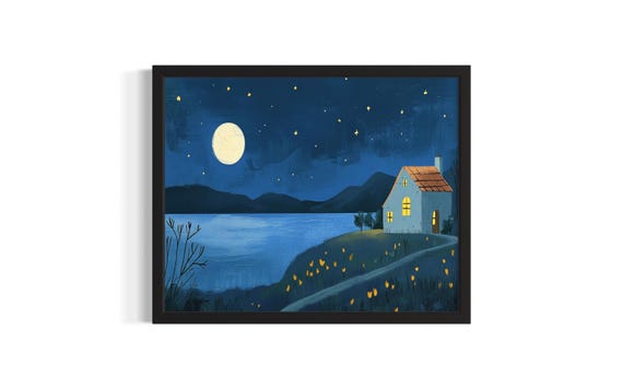 Moon And Stars Children Nursery Poster Art Print Living Room Wall Original Painting Artwork Decor