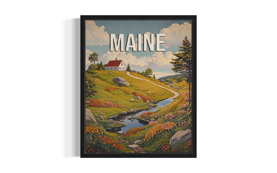 Maine Spring Farmhouse Red Roof Meadow Stream Vintage Scenic Poster