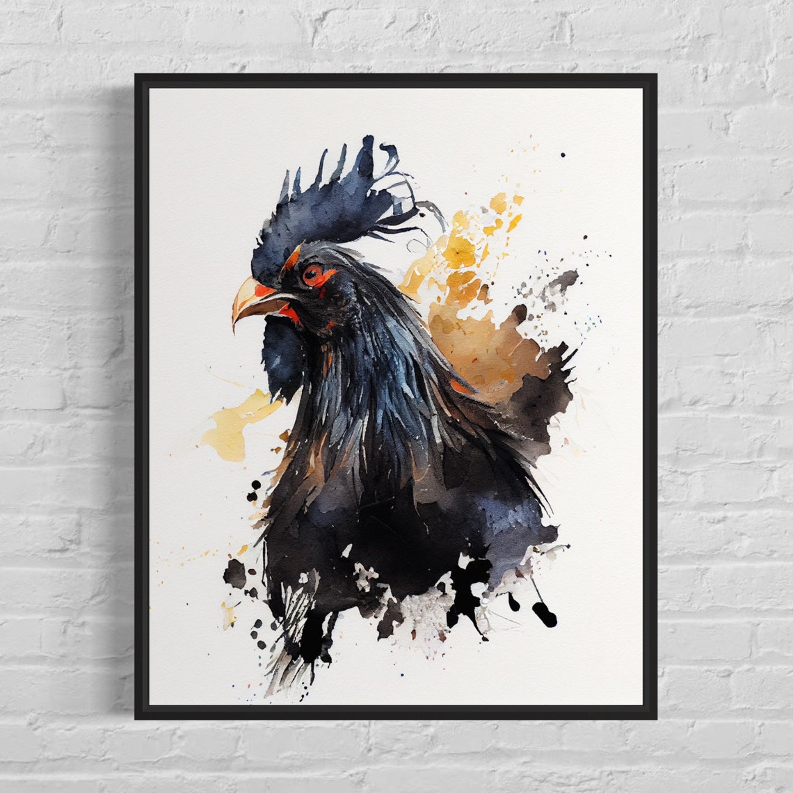 Ayam Cemani Black Rooster Gold Splash Dramatic Watercolor Poster