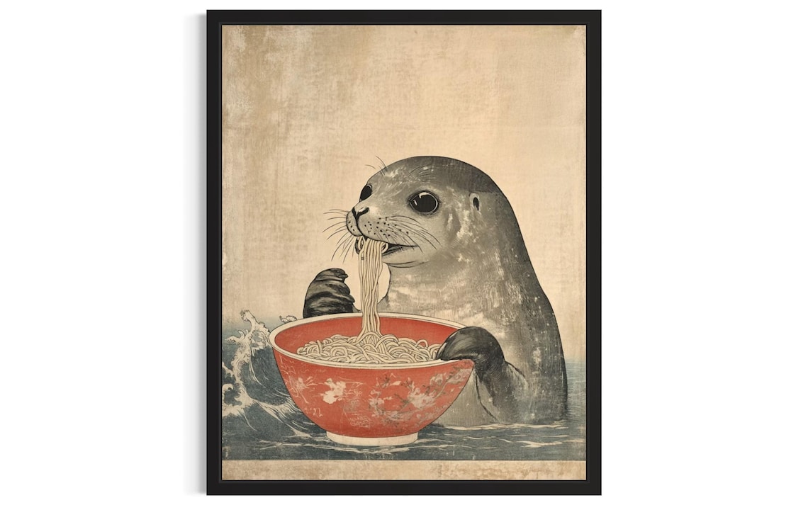Seal Eating Noodles in Ocean Waves Japanese Style Cute Animal Poster