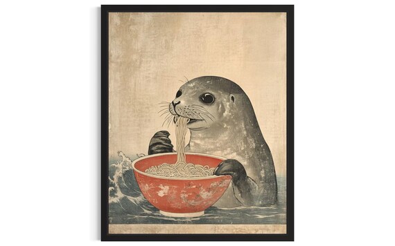 Seal Animal Kitchen Ramen Poster Art Print Wall Original Painting Artwork Decor