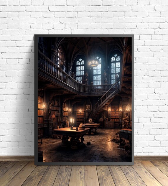 Dark Gothic Library Grand Wooden Interior Candlelit Night Poster
