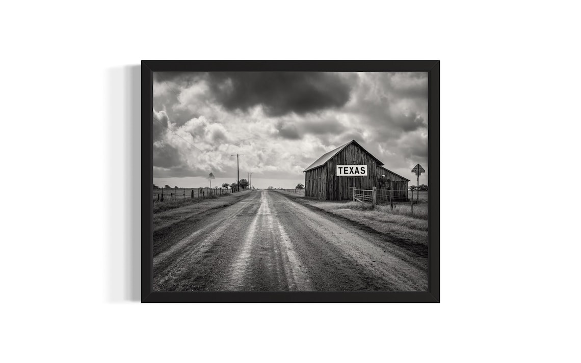 Texas Country Road Old Barn Dramatic Sky Black White Photo Poster