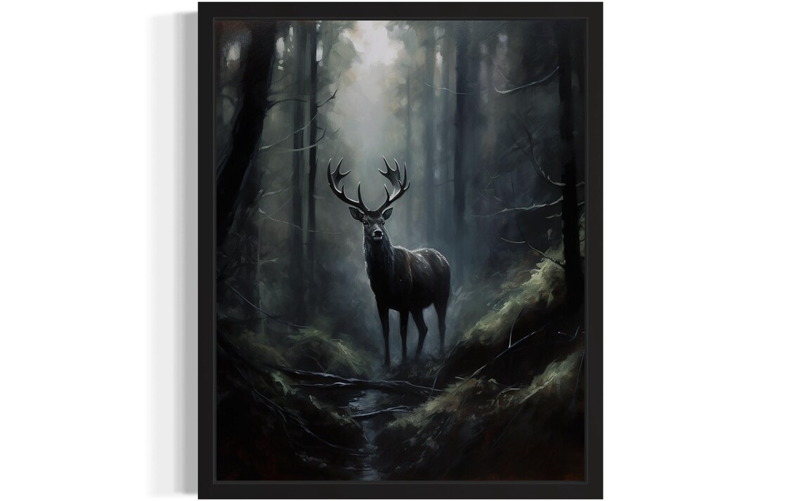 Majestic Stag in Misty Dark Forest Wildlife Deer Oil Painting Poster