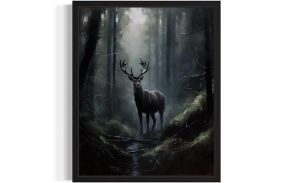 Majestic Stag in Misty Dark Forest Wildlife Deer Oil Painting Poster
