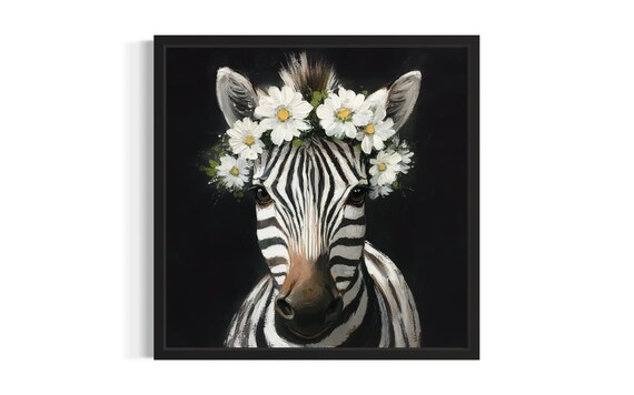 Zebra Portrait with White Daisy Flower Crown on Black Painting Poster