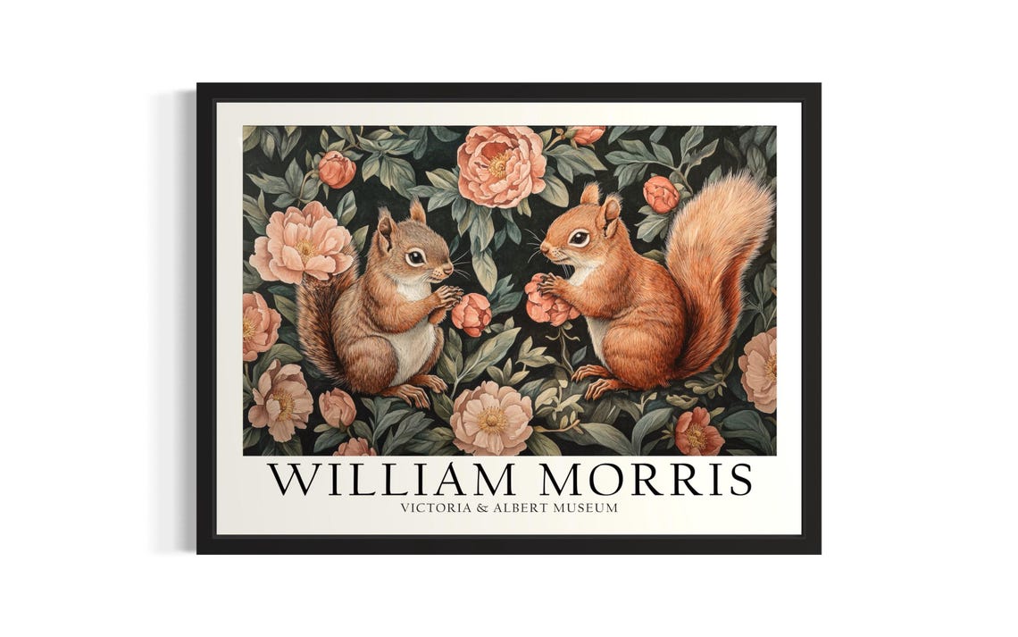 William Morris Red Squirrel Pair In Pink Peony Garden Vintage Poster