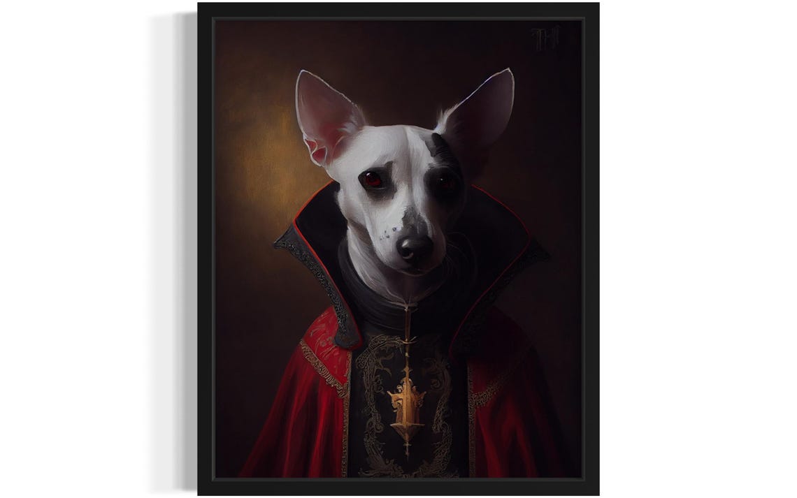 Vampire Dog in Flowing Red Cape Dramatic Gothic Pet Portrait Poster