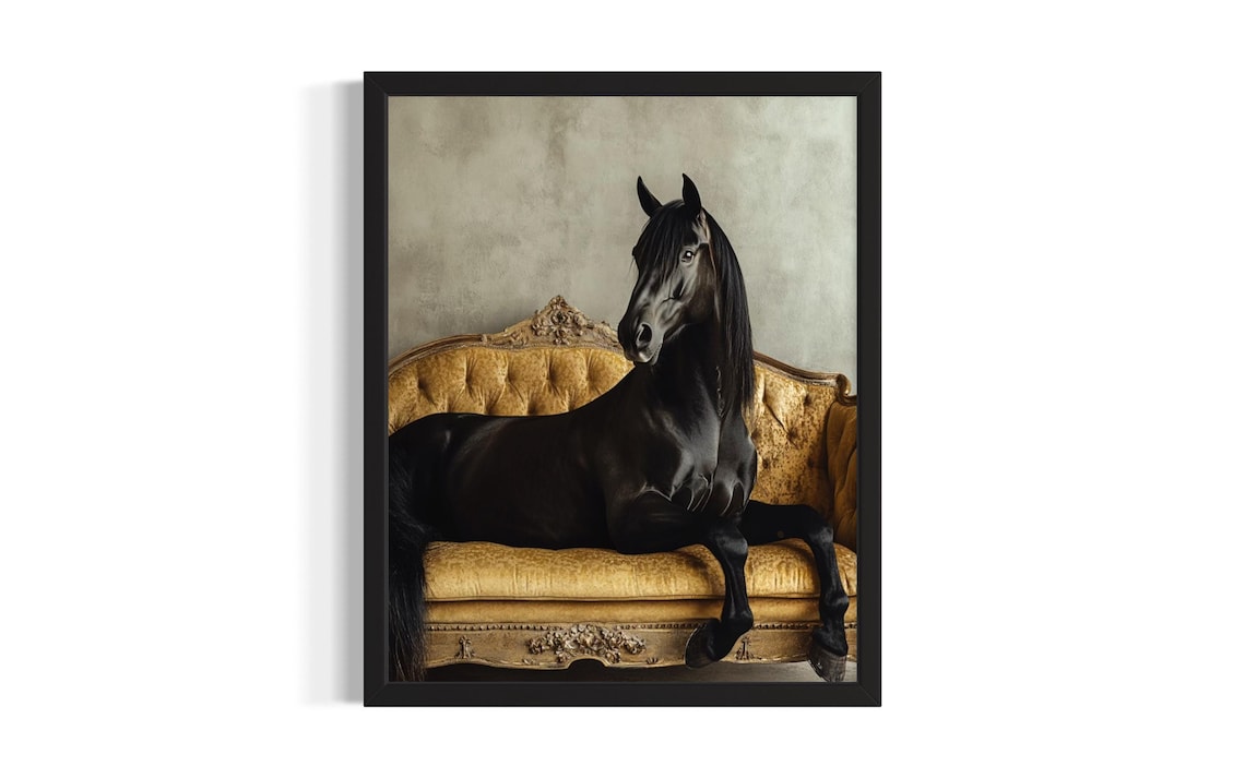 Black Horse Reclining on Gold Velvet Sofa Elegant Luxury Art Poster
