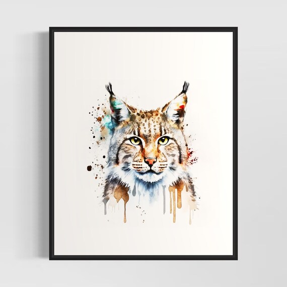 Bobcat Watercolor Portrait Yellow Eyes Splash Wildlife Art Poster