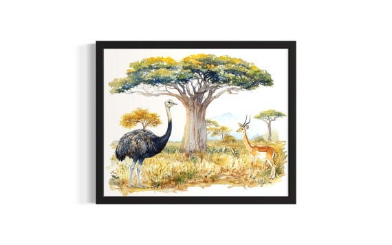 Ostrich And Antelope Animal In Safair Harmony Poster Art Print Living Room Wall Original Painting Artwork Decor