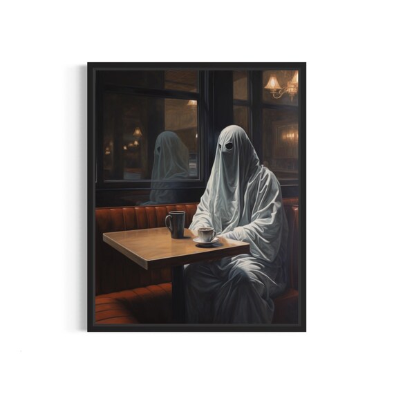 Ghost And Coffee Art Print Vintage Gothic Wall Art Painting Decor Photo