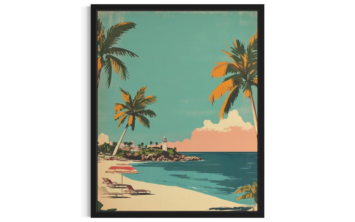 Tropical Beach Lighthouse Palm Umbrella Retro Coastal Art Poster