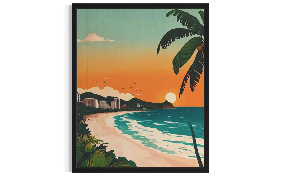 Tropical Bay Sunset Skyline Palm Retro Vintage Travel Poster