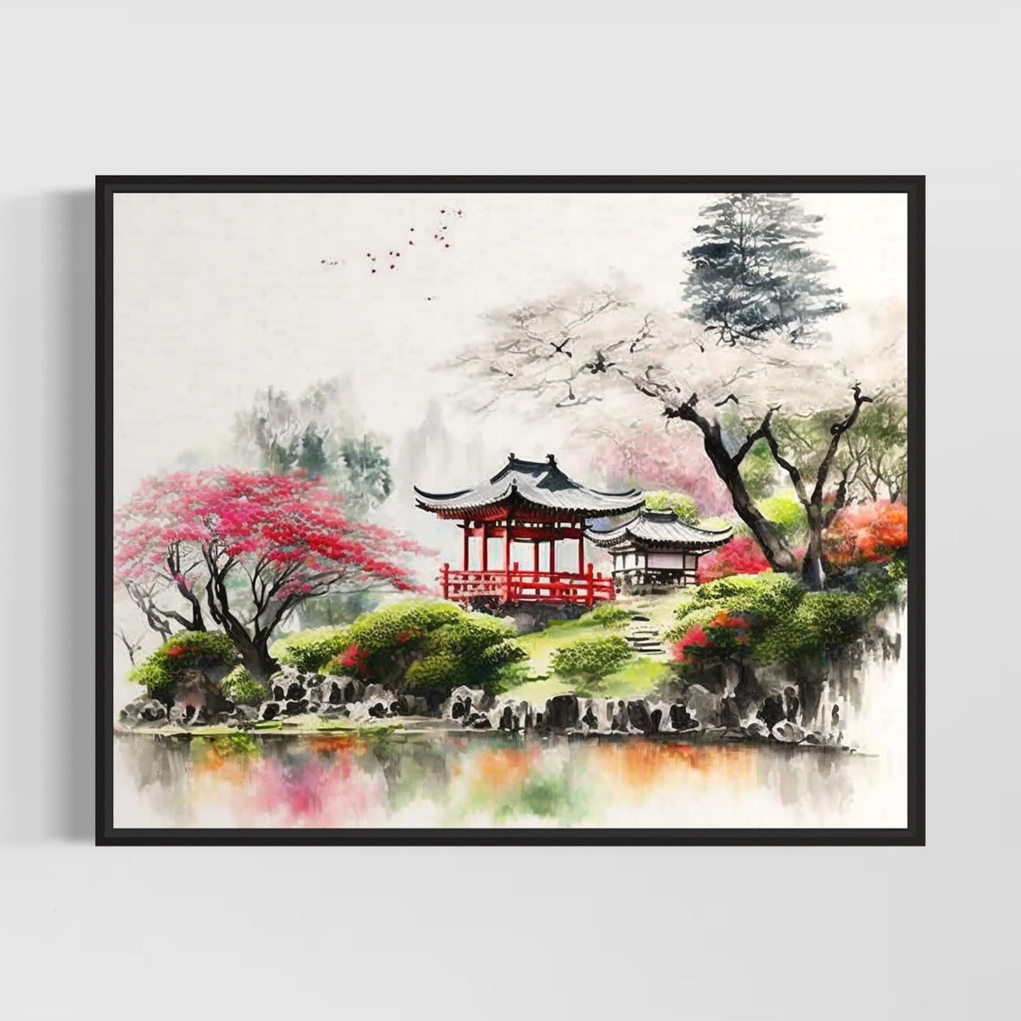 Japanese Pagoda Garden With Cherry Blossom Watercolor Art Poster