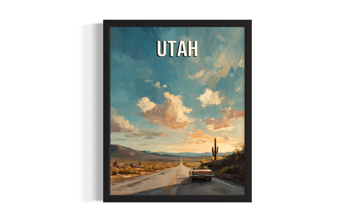 Utah Desert Highway Sunset Convertible Cactus Road Trip Poster