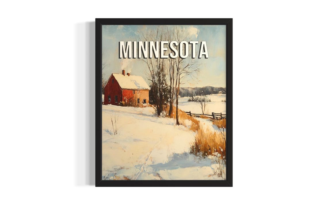 Minnesota Winter Red Barn Snowy Fields Country Lane Art Poster