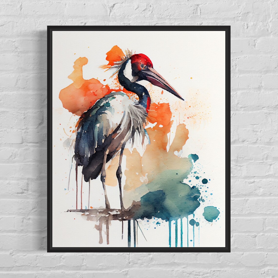 Majestic Jabiru Stork Wading in Water Watercolor Wildlife Poster