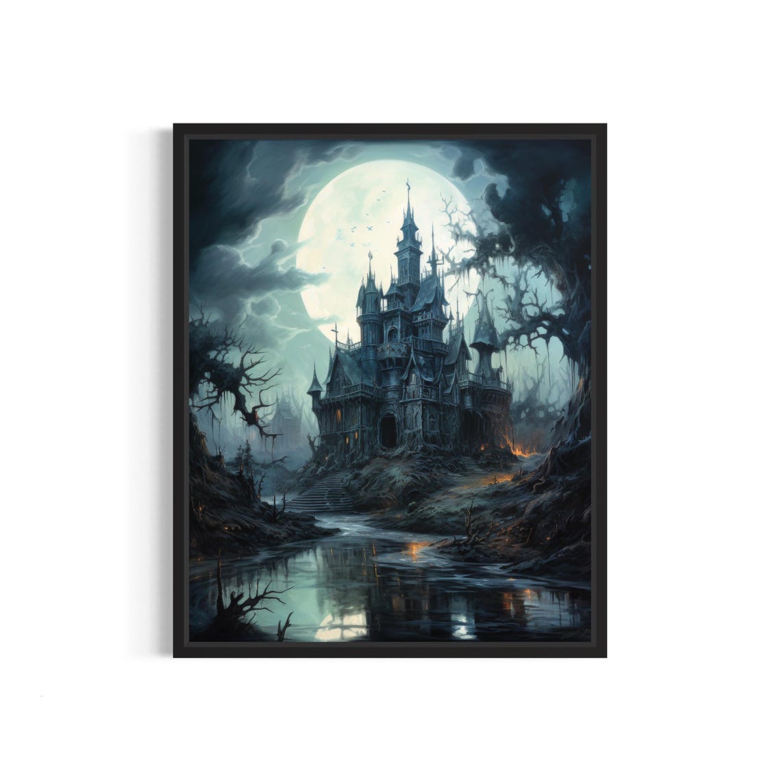 Moonlit Gothic Castle Reflected in a Still River Fantasy Art Poster