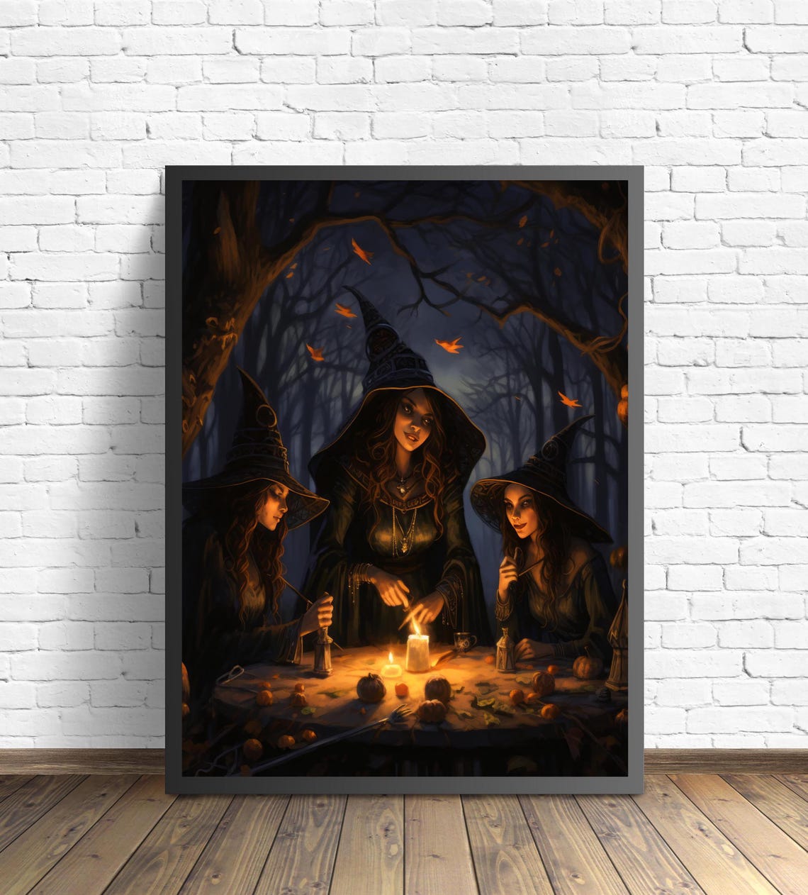 Three Witches Gathered Around Candles Gothic Halloween Night Poster