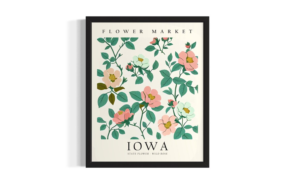 Iowa Wild Rose Flower Market Botanical Floral Vintage Poster
