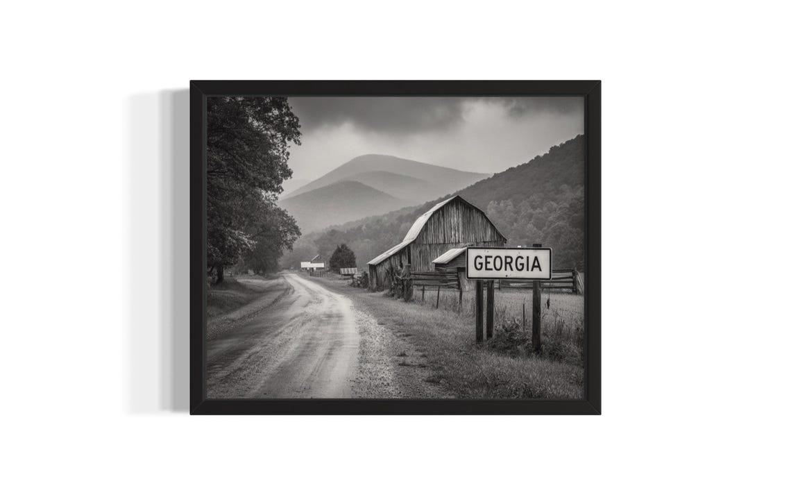 Georgia Road Sign Barn Misty Mountains Black and White Wall Art