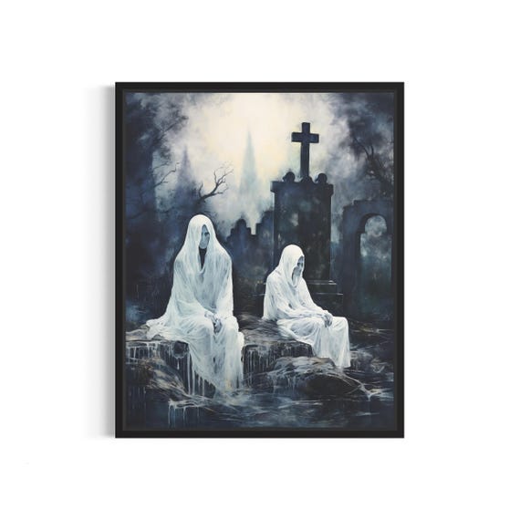 Ghost At Graveyard Art Print Vintage Gothic Wall Art Painting Decor Photo