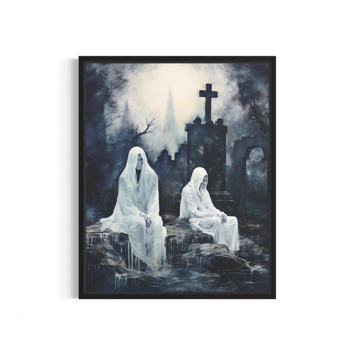 Ghost At Graveyard Art Print Vintage Gothic Wall Art Painting Decor Photo