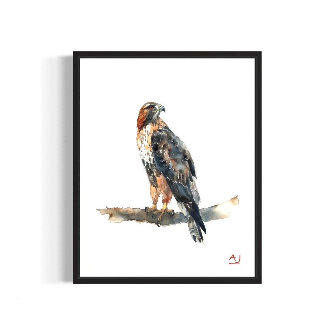 Majestic Hawk Perched Watchfully on a Branch Watercolor Poster
