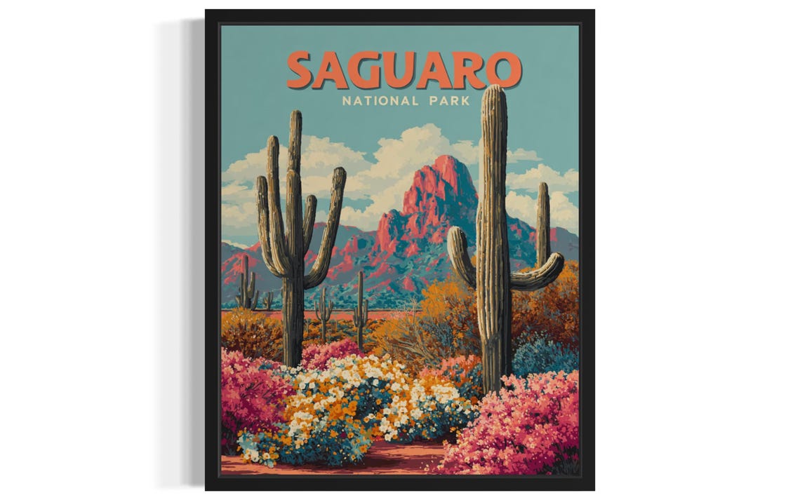 Saguaro National Park Cactus Desert Wildflowers Vintage Travel Poster