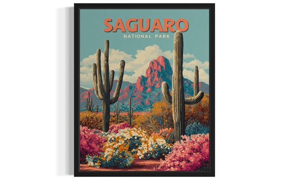 Saguaro National Park Cactus Desert Wildflowers Vintage Travel Poster