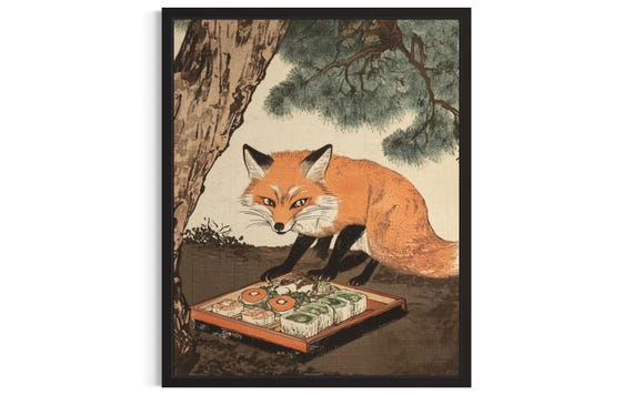 Fox Animal Kitchen Sushi Poster Art Print Wall Original Painting Artwork Decor