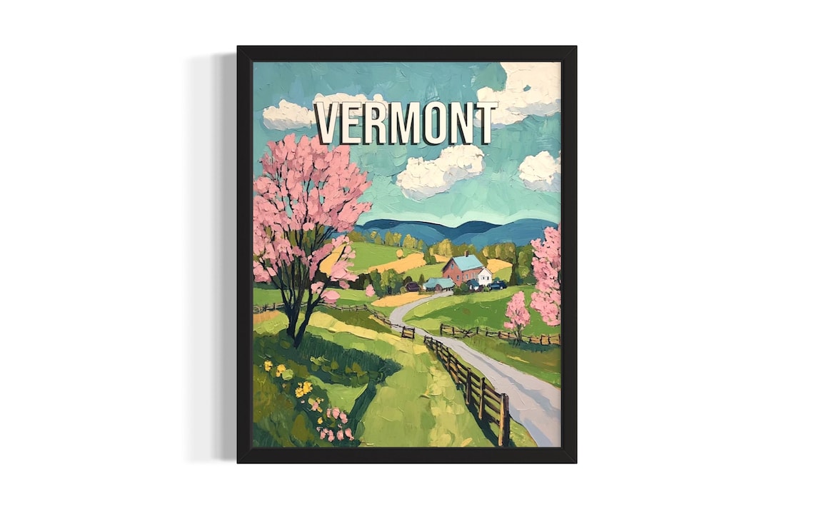 Vermont Spring Blossom Trees Country Road Farm Vintage Travel Poster