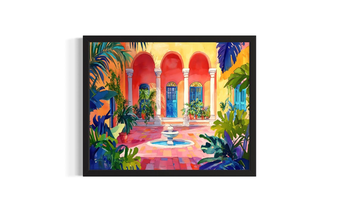 Tropical Villa Courtyard Arches Fountain Mediterranean Art Poster